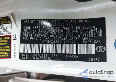 2007 Toyota Avalon Limited from USA, damaged, VIN 4T1BK36B67U214177